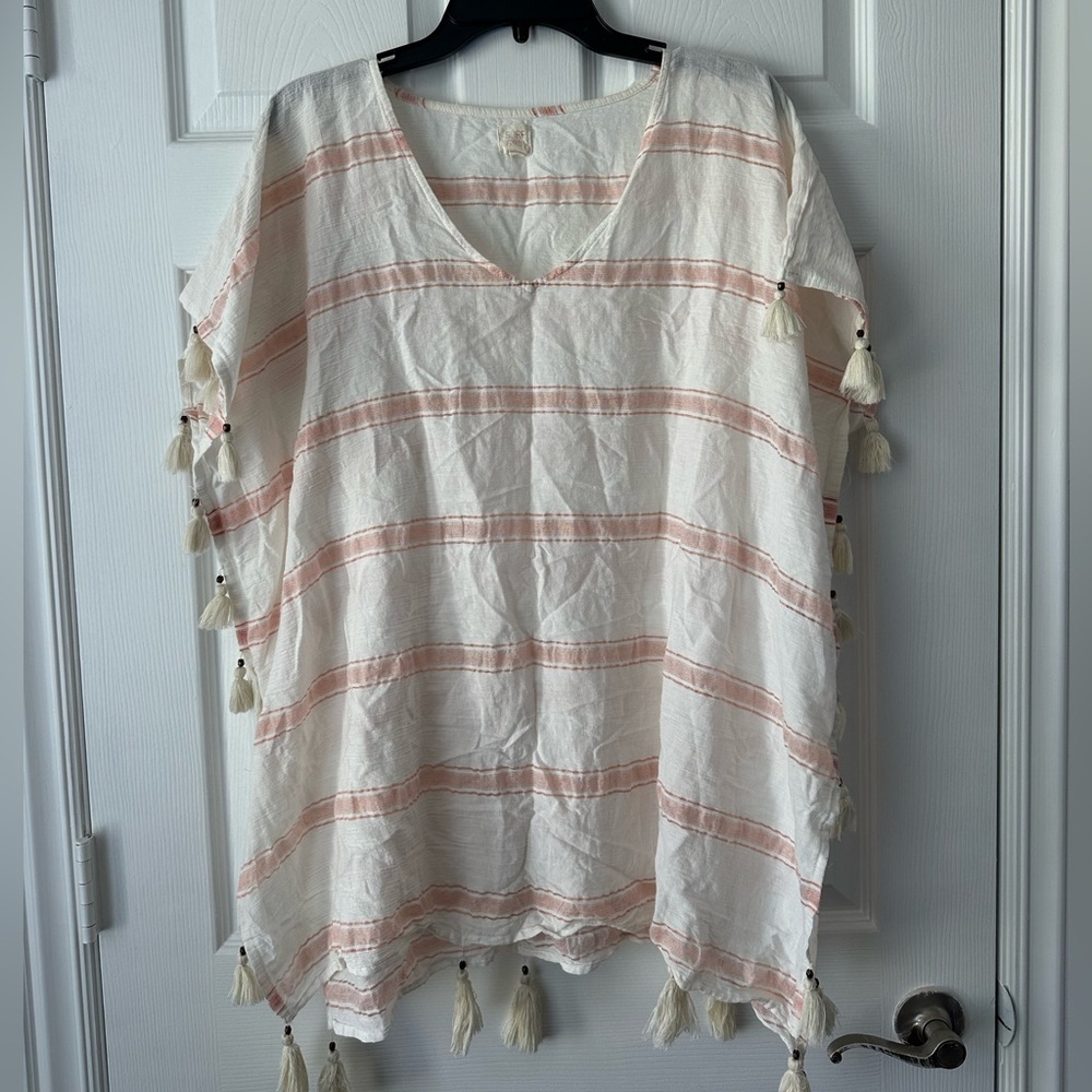 Surf Gypsy White and Blush Stripe Tassel Swim Coverup